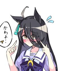 132109chisato 1girl absurdres animal_ears black_hair bow bowtie closed_mouth ear_tag earrings flying_sweatdrops grey_hair hair_between_eyes hands_up highres horse_ears horse_girl index_finger_raised jewelry long_hair long_hair_between_eyes manhattan_cafe_(umamusume) multicolored_hair pointing pointing_at_self puffy_short_sleeves puffy_sleeves purple_bow purple_bowtie purple_shirt sailor_collar school_uniform shirt short_sleeves simple_background single_earring solo speech_bubble tracen_school_uniform translation_request umamusume very_long_hair white_background white_sailor_collar yellow_eyes