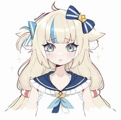 1girl ahoge animal_ear_fluff animal_ears blonde_hair blue_eyes blush closed_mouth dress eternalchan hair_ribbon highres indie_virtual_youtuber long_hair looking_at_viewer multicolored_hair ribbon sameko_saba sketch sleeveless solo streaked_hair very_long_hair virtual_youtuber white_dress