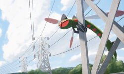 animal_focus blue_sky bug cable cloud commentary_request day ewokakukaede gen_4_pokemon highres insect_wings nintendo no_humans outdoors pokemon pokemon_(creature) pokemon_focus red_eyes sky solo transmission_tower wings yanmega