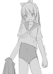 1girl :d bow cowboy_shot dot_nose hair_bow long_hair looking_at_viewer monochrome one-piece_swimsuit open_mouth original sailor_collar school_swimsuit school_uniform serafuku shibacha simple_background sketch skirt skirt_hold smile solo standing swimsuit swimsuit_under_clothes twitter_username white_background