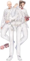 2boys bald beard blush bow bowtie brown_hair buttons chibi claw_(weapon) clenched_teeth closed_eyes commentary_request couple deadpool deadpool_&amp;_wolverine deadpool_(series) dog dogpool facial_hair formal_clothes full_body gloves green_eyes hand_hair happy heart highres holding holding_unworn_clothes hoshiimopotato husband_and_husband jacket jewelry locked_arms long_sleeves male_focus marvel marvel_cinematic_universe multiple_boys muscular muscular_male pants pectorals ring scar scars_all_over shirt shoes short_hair smile standing standing_on_one_leg suit teeth too_many unworn_gloves vest weapon wedding_ring white_background white_gloves white_jacket white_pants white_shirt white_shoes white_suit wolverine_(x-men) x-men yaoi