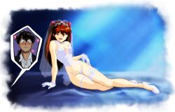 1boy 1girl absurdres age_difference amondetauro black_hair blush breasts bridal_veil cleavage commentary corset fishnet_thighhighs fishnets formal_clothes gloves heart hetero highres kaji_ryouji lingerie low_ponytail mature_male medium_breasts neon_genesis_evangelion orange_hair panties ponytail seductive_smile shirt sitting smile souryuu_asuka_langley suit thighhighs underwear veil white_corset white_gloves white_panties white_shirt