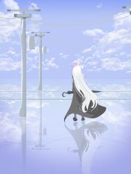 1girl absurdres black_coat black_shoes blue_archive blue_sky braid closed_umbrella cloud coat commentary facing_away hair_ribbon halo highres holding holding_umbrella horizon long_coat long_hair outdoors plana_(blue_archive) power_lines red_halo reflection reflective_floor reflective_water ribbon scenery shoes single_braid sky solo surreal umbrella utility_pole very_long_hair wakamo_loverr water white_hair