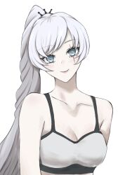 1girl blue_eyes breasts cleavage closed_mouth collarbone dress hair_ornament high_ponytail long_hair looking_at_viewer medium_breasts ponytail rwby scar scar_across_eye scar_on_face seira_(jin_kiyora) simple_background smile upper_body very_long_hair weiss_schnee white_background white_dress white_hair