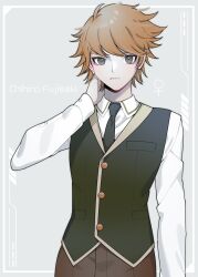 Rule 34 | 1girl, arm behind head, brown eyes, brown hair, brown pants, closed mouth, crossdressing, danganronpa: trigger happy havoc, danganronpa (series), fujisaki chihiro, genderswap, genderswap (mtf), green necktie, green vest, highres, ling yun (amadare0803), looking at viewer, necktie, pants, reverse trap, shirt, short hair, venus symbol, vest, white shirt