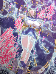 1girl absurdres baketsumuri blonde_hair blue_boots blue_gloves blue_skirt boots breasts byser_shock clenched_teeth duel_academy_uniform_(yu-gi-oh!_gx) duel_monster electrocution gloves head_back highres large_breasts long_hair miniskirt panties pencil_skirt restrained ryona school_uniform screaming shirt skirt stationary_restraints teeth tenjouin_asuka torture underwear viser_des white_panties white_shirt yu-gi-oh! yu-gi-oh!_gx