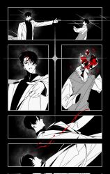 Rule 34 | 2boys, age difference, arm up, benkdjjituibot, black hair, black shirt, blood from forehead, blood trail, bullet hole, closing eyes, coat, collared shirt, death, double-parted bangs, dual persona, exploded head, falling, falling petals, finger gun, finger gun to head, food, foodification, fruit, grey vest, hair between eyes, hair over one eye, headshot, highres, implied suicide, inset border, kim dokja, multiple boys, murder, objectification, oldest dream, omniscient reader&#039;s viewpoint, outside border, outstretched arm, petals, pomegranate, projectile trail, shirt, short hair, sparkle, spot color, vest, white coat, white shirt