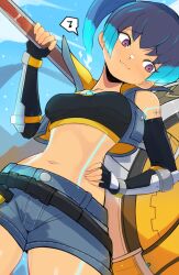 1girl blue_hair blue_shorts breasts closed_mouth commentary english_commentary fiery_hair hammer hand_on_own_hip highres holding holding_hammer jellcaps medium_breasts navel purple_eyes sena_(xenoblade) shorts side_ponytail smile solo xenoblade_chronicles_(series) xenoblade_chronicles_3