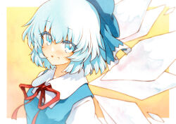 Rule 34 | 1girl, blue bow, blue dress, blue eyes, blue hair, blush, bow, cirno, collared dress, dress, fairy, highres, ice, ice wings, looking at viewer, medium hair, open mouth, red ribbon, ribbon, rinka (qqqrinkappp), smile, solo, touhou, upper body, white sleeves, wings, yellow background