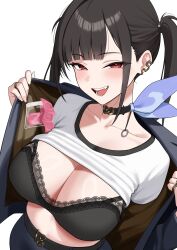 Rule 34 | 1girl, belt, black belt, black bra, black choker, black hair, black jacket, black skirt, blush, bra, breasts, choker, cleavage, commentary, condom, condom packet strip, condom wrapper, ear ornament, fang, goddess of victory: nikke, hair intakes, highres, jacket, jewelry, long hair, looking at viewer, mole, mole under eye, open clothes, open jacket, open mouth, opened by self, pencil skirt, red eyes, ring, shirt, simple background, skirt, smile, solo, sora (nikke), twintails, underwear, white background, white shirt, xi oshir1
