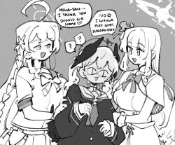 Rule 34 | &lt;|&gt; &lt;|&gt;, 3girls, ?, ahoge, blue archive, bow, bowtie, capelet, dress, english text, grabbing another&#039;s arm, greyscale, halo, hanako (blue archive), head wings, highres, kinzaibatsu91, koharu (blue archive), long hair, long sleeves, looking at another, low wings, mika (blue archive), monochrome, multiple girls, neckerchief, open mouth, scrunchie, shirt, short sleeves, smile, speech bubble, spoken question mark, wings, wrist scrunchie