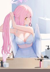 1girl absurdres adjusting_hair angel_wings blue_archive bow bow_bra bra breasts cleavage dressing feathered_wings halo highres long_hair low_wings mika_(blue_archive) mirror panties panties_under_pantyhose pantyhose pink_hair pink_halo simplechip solo underwear underwear_only white_bra white_panties white_wings wings yellow_eyes