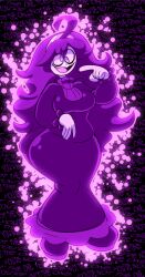 1girl @_@ absurdres aura breasts colored_skin commentary crazy_eyes crazy_smile dress english_commentary english_text galactabee hair_between_eyes hairband hex_maniac_(pokemon) highres large_breasts long_dress long_hair long_sleeves medium_breasts messy_hair nintendo open_mouth pokemon pokemon_xy purple_dress purple_eyes purple_hair purple_hairband sitting smile solo spider_web_print white_skin wide_hips