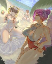 3girls ass ball beach beachball between_breasts bikini black_hair breasts brown_hair cloud cloudy_sky dead_or_alive dead_or_alive_xtreme_venus_vacation elise_(doa) hair_bun large_breasts lei_fang long_hair meg_(doa) multiple_girls ocean one-piece_swimsuit pink_hair sand sand_castle sand_sculpture short_hair sky swimsuit thong thong_bikini tree voidmakerz