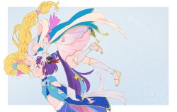 2girls asahina_mirai blonde_hair border braid bridal_gauntlets crop_top cure_magical cure_magical_(sapphire_style) cure_miracle cure_miracle_(sapphire_style) flying hair_bun hat high_ponytail highres izayoi_liko kiss kissing_forehead long_hair looking_at_another low-tied_long_hair mahou_girls_precure! mini_hat multiple_girls ponytail precure purple_eyes purple_hair ranranpo0114 sandals sash simple_background skirt upside-down upside-down_kiss wide-eyed witch_hat yuri