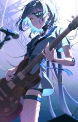 1girl absurdres bang_dream! bang_dream!_it&#039;s_mygo!!!!! black_shorts blue_eyes blue_hair cable closed_mouth cowboy_shot cyborg dress enoharatoki fishnet_thighhighs fishnets floating_hair from_below glint grey_hair guitar guitar_strap heterochromia highres holding holding_guitar holding_instrument holding_plectrum instrument joints kaname_raana looking_ahead mechanical_arms microphone microphone_stand music playing_guitar playing_instrument plectrum robot_joints short_dress short_hair short_sleeves shorts single_mechanical_arm single_mechanical_eye solo standing thighhighs truss yellow_eyes