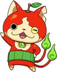 Rule 34 | cat, colored skin, fire, flame-tipped tail, green fire, hand on own hip, haramaki, hitodama, leaf, looking at viewer, multiple tails, no humans, notched ear, official art, one eye closed, open mouth, red skin, ringonyan, simple background, solo, standing, tail, third-party source, transparent background, two tails, youkai (youkai watch), youkai watch