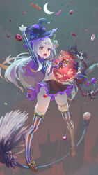 1girl absurdres black_skirt broom broom_riding broom_surfing brown_footwear candy candy_cane canoyan crescent_moon food gloves grey_background halloween hat highres hololive jack-o&#039;-lantern lollipop long_hair looking_at_viewer marshmallow midriff moon murasaki_shion open_mouth skirt skirt_flip solo star_(symbol) striped_clothes striped_thighhighs thighhighs vertical-striped_clothes vertical-striped_thighhighs virtual_youtuber witch_hat wrapped_candy