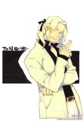 1boy anzishen axis_powers_hetalia beard belt black_shirt blonde_hair blue_eyes coat facial_hair france_(hetalia) long_hair lowres open_clothes open_shirt shirt solo white_coat