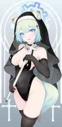 1girl :d absurdres alternate_costume animal_ear_fluff animal_ears aqua_eyes aqua_halo bare_shoulders black_gloves black_leotard black_thighhighs black_veil blue_archive breasts colored_eyelashes commentary_request covered_navel cross cross_hair_ornament elbow_gloves fang furrowed_brow gloves gradient_background green_hair grey_background hair_between_eyes hair_ornament halo halterneck highres holding holding_cross latin_cross leotard looking_at_viewer medium_breasts multicolored_eyes nun open_mouth pink_eyes see-through_clothes see-through_leotard shigure_(blue_archive) shinba233 short_hair skin_fang skin_tight smile solo tail thighhighs two-tone_eyes veil