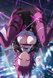 Rule 34 | 1girl, ass, blurry, blurry background, breasts, cleavage, clothing cutout, honkai: star rail, honkai (series), kafka (honkai: star rail), large breasts, non-web source, pants, pantyhose, purple eyes, purple hair, purple pants, raaivault, solo, spread legs, upside-down
