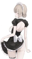 1girl absurdres apron ass back_cutout black_dress blonde_hair blush bra breasts clothing_cutout dress highres laneigu maid maid_apron maid_headdress mole mole_on_cheek original panties short_hair sideboob simple_background solo thigh_strap underwear white_apron white_background white_bra white_panties yellow_eyes yuzu_(laneigu)