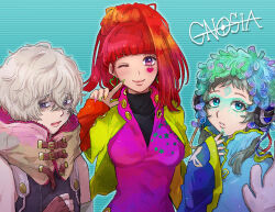 Rule 34 | 1boy, 1girl, 1other, androgynous, blue eyes, blunt bangs, chiimako, detached sleeves, earrings, facepaint, feathers, gnosia, green hair, hair between eyes, heart, heart earrings, jewelry, long hair, long sleeves, looking at viewer, nail polish, other focus, raqio, red eyes, red hair, remnan (gnosia), shirt, short hair, smile, sq (gnosia), tattoo, upper body