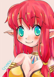 1girl bikini blue_eyes blush breasts character_name cleavage closed_mouth commentary_request detached_sleeves gypsy_(ragnarok_online) long_hair looking_at_viewer medium_breasts pointy_ears ragnarok_online red_hair red_sleeves simple_background smile solo sora-mame swimsuit upper_body yellow_bikini