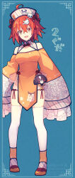 1girl ahoge bare_shoulders breasts cernunnos_(fate) china_dress chinese_clothes con_(fate) dress fate/grand_order fate_(series) fujimaru_ritsuka_(female) full_body hat long_sleeves looking_at_viewer medium_breasts off_shoulder open_mouth orange_dress orange_eyes orange_hair pelvic_curtain saipaco short_hair smile thighhighs white_hat white_thighhighs