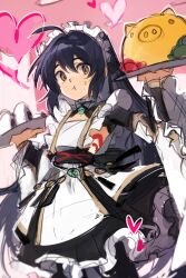1other ahoge amulet apron bell black_hair black_thighhighs fate/samurai_remnant fate_(series) food food_on_face hair_between_eyes highres long_hair looking_at_viewer maid_apron maid_headdress neck_bell onigiri orange_eyes pink_background rice sidelocks solo thighhighs yamabuki_otk yamato_takeru_(fate)