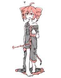 1girl ? ahoge bare_shoulders black_shirt black_skirt closed_mouth detached_sleeves drill_hair frown full_body hato_no_mune_wo_momitai headset holding holding_unworn_clothes kasane_teto kasane_teto_(utau) off_shoulder oversized_clothes raised_eyebrows red_eyes red_hair shirt simple_background skirt solo sweatdrop twin_drills twitter_username unworn_skirt unworn_sleeves utau walking white_background