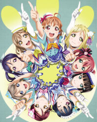 6+girls ahoge aozora_jumping_heart aqua_eyes arm_up artbook black_hair blonde_hair blue_bow blue_bowtie blue_eyes blue_hair blunt_bangs bow bowtie braid brown_hair elbow_gloves flower foreshortening from_above gloves green_bow green_bowtie grey_hair grin hair_bow hair_bun hair_flower hair_ornament hair_ribbon hair_rings hairclip hat highres index_finger_raised kunikida_hanamaru kurosawa_dia kurosawa_ruby long_hair looking_at_viewer looking_up love_live! love_live!_sunshine!! matsuura_kanan mole mole_under_mouth multiple_girls neckerchief non-web_source official_alternate_costume official_art ohara_mari one_eye_closed open_mouth orange_bow orange_bowtie orange_hair pink_bow pink_bowtie pointing pointing_at_viewer pointing_up ponytail purple_bow purple_bowtie purple_eyes purple_hair red_bow red_bowtie red_eyes red_hair ribbon sakurauchi_riko salute short_hair skirt smile takami_chika tsushima_yoshiko twintails watanabe_you white_gloves yellow_bow yellow_bowtie yellow_eyes