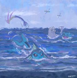 bird closed_mouth dewgong dietranch fangs fins flying gen_1_pokemon gen_3_pokemon grey_eyes head_fins highres looking_up milotic nintendo no_humans open_mouth pokemon pokemon_(creature) spheal swimming vaporeon water wingull