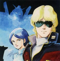 1980s_(style) 1985 1boy 1girl blonde_hair dated emma_sheen grin gundam gundam_mk_ii kitazume_hiroyuki looking_at_viewer mecha military_uniform mobile_suit mullet official_art oldschool painting_(medium) production_art promotional_art quattro_bajeena retro_artstyle robot scan science_fiction signature smile sunglasses traditional_media watercolor_(medium) zeta_gundam