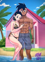 Rule 34 | 1boy, 1girl, abs, black eyes, black hair, breasts, bulge, chi-chi (dragon ball), cleavage, cloud, cloudy sky, dark-skinned male, dark skin, dragon ball, dragon ball gt, erection, erection under clothes, grabbing another&#039;s ass, groping, happy, hug, kame house, mature female, muscular, muscular male, nipples, ottone puff, pafu pafu, pectorals, sky, smile, swimsuit, thick thighs, thighs, uub