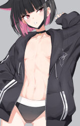 1girl absurdres animal_ears black_choker black_hair black_hoodie black_mask black_nails black_panties blue_archive breasts breasts_apart cat_choker cat_ears choker collarbone colored_inner_animal_ears colored_inner_hair commentary_request extra_ears eyelashes hand_in_pocket hand_up highres hood hoodie isocha kazusa_(blue_archive) linea_alba long_sleeves mask mouth_mask multicolored_hair naked_hoodie navel no_bra open_clothes open_hoodie panties pink_eyes pink_hair short_hair simple_background small_breasts solo stomach teeth toned torso trinity_general_school_logo two-tone_hair underwear unworn_mask unzipped zipper