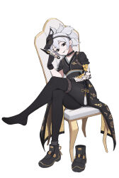 Rule 34 | 1girl, absurdres, black eyes, black pantyhose, crossed legs, fingerless gloves, full body, gloves, grey hair, hashimoto kiriko, highres, holding, holding kunai, holding weapon, kiriko (overwatch), kunai, lan mao akko, mask, mask on head, overwatch, pantyhose, parted lips, shoes, single shoe, sitting, smile, solo, unworn shoes, weapon