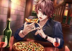 1boy alcohol blush bottle bracelet brown_hair eating eyepatch food gilbert_redford highres holding holding_food holding_pizza iritani_ryouya jewelry male_focus multiple_rings orange_eyes piofiore_no_bansho pizza pizza_slice red_wine ring short_hair wine