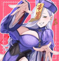 1girl absurdres blue_dress blue_hat blue_lips blush breasts china_dress chinese_clothes cleavage cleavage_cutout clothing_cutout covered_navel dress eyeliner fate/grand_order fate_(series) grin hair_over_one_eye hat highres hiyayaako jiangshi large_breasts long_hair long_sleeves looking_at_viewer makeup mrs._snake_(fate) ofuda outstretched_arms qingdai_guanmao smile solo talisman tassel white_hair wide_sleeves yellow_eyes