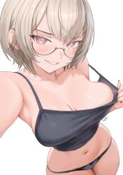1girl absurdres black-framed_eyewear black_camisole black_panties breasts brown_hair camisole cleavage commentary diptip english_commentary glasses grin hair_between_eyes highres indie_virtual_youtuber large_breasts looking_at_viewer navel no_pants panties reaching reaching_towards_viewer round_eyewear saruei_(vtuber) semi-rimless_eyewear short_hair simple_background smile solo underwear underwear_only white_background