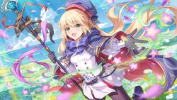 1girl absurdres artoria_caster_(fate) artoria_caster_(second_ascension)_(fate) artoria_pendragon_(fate) belt beret black_gloves black_pantyhose blonde_hair blue_cape blue_hat blue_sky blush breasts buttons cape double-breasted dress fate/grand_order fate_(series) gloves green_eyes hat highres hood hooded_cape long_hair long_sleeves looking_at_viewer multicolored_cape open_mouth pantyhose red_cape shenqi_xiao_hong_zai_nali sky small_breasts smile solo staff thighs twintails white_dress