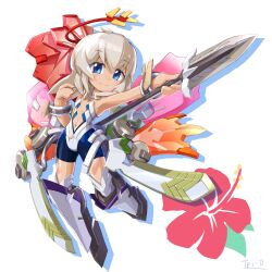 1girl armpits artist_name bike_shorts blonde_hair blue_eyes boots flower full_body halo highres holding holding_weapon long_hair looking_at_viewer mecha_musume navel original polearm signature simple_background smile solo spear tei-o weapon white_background wings