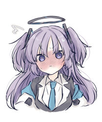 1girl :i ^^^ baran._(ba_ra_ran) black_jacket blazer blue_archive blue_necktie blush bright_pupils collared_shirt commentary cropped_torso dress_shirt full-face_blush hair_between_eyes highres jacket jacket_partially_removed long_hair long_sleeves looking_at_viewer necktie pout purple_eyes purple_hair shirt sidelocks simple_background solo two_side_up v-shaped_eyebrows white_background white_jacket white_pupils white_shirt yuuka_(blue_archive)