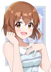 1girl blush border breasts brown_eyes brown_hair hagiwara_yukiho hair_between_eyes hands_up highres idolmaster idolmaster_(classic) looking_to_the_side open_mouth outside_border short_hair shovel sleeveless smile snowflakes solo striped_clothes twwibql2kktg5am upper_body white_border