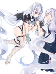 2girls absurdly_long_hair absurdres aqua_gloves black_dress breasts clothing_cutout dress dual_persona eye_contact gloves grey_gloves grey_hair highres holding_hands huo_yeyeyeye instrument long_hair looking_at_another low-tied_long_hair low_twintails multiple_girls navel piano red_eyes shirt short_sleeves simple_background stirrup_legwear thigh_cutout thighhighs toeless_legwear twintails u96_(warship_girls_r) very_long_hair warship_girls_r white_background white_hair