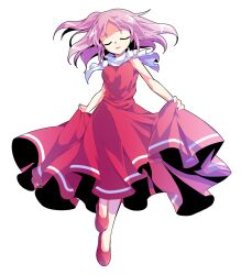 Rule 34 | 1girl, alphes (style), bare arms, bare shoulders, breasts, closed eyes, commentary request, dairi, dress, facing viewer, floating hair, full body, large variant set, leg up, lifting own clothes, medium breasts, one side up, open mouth, parody, pink hair, pom pom (clothes), red dress, red shoes, sara (touhou), shoes, short hair, skirt hold, sleeveless, sleeveless dress, smile, solo, style parody, touhou, touhou (pc-98), transparent background, turtleneck, variant set