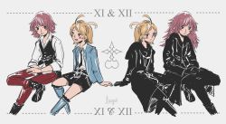 2boys 2girls absurdres artist_name black_coat_(kingdom_hearts) blonde_hair blue_eyes crossed_legs elrena grey_background highres hooded_robe kingdom_hearts kingdom_hearts_unchained_x larxene lauriam laycii marluxia multiple_boys multiple_girls organization_xiii pants pink_hair red_pants robe shorts symmetry