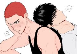 Rule 34 | 2boys, anger vein, arm support, black eyes, black hair, blush, buzz cut, head on another&#039;s back, highres, hoy sd1110, leaning back, leaning on person, male focus, multiple boys, red hair, rukawa kaede, sakuragi hanamichi, short hair, simple background, slam dunk (series), sleeping, speech bubble, upper body, very short hair, white background, yaoi, zzz