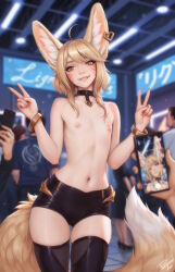 1girl ahoge animal_ear_fluff animal_ear_piercing animal_ears artist_name black_choker black_shorts black_thighhighs blurry blurry_background bracelet brown_eyes brown_hair cellphone cellphone_photo choker commentary cowboy_shot double_v english_commentary exhibitionism facial_mark flat_chest fox_ears fox_girl fox_tail gluteal_fold grin highres holding holding_phone indoors jewelry khiara_(personal_ami) long_tail looking_at_viewer navel nipples original people personal_ami phone pov pov_hands public_indecency short_shorts shorts smartphone smile solo_focus standing stomach tail thighhighs topless_female v