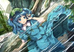 Rule 34 | 1girl, blue dress, blue eyes, blue hair, dress, green headwear, hair ornament, highres, kawashiro nitori, mizumoto tadashi, open mouth, partially submerged, refraction, solo, touhou, water, waterfall